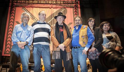 Neil Young (centre) at last January's Honour the Treaties press conference, Massey Hall, Toronto — photo credit: Dustin Rabin.