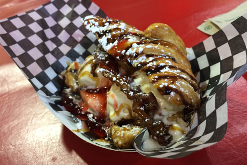 Fran's Bacon Croissundae. This was a vanilla ice cream sundae with chocolate and strawberry sauce, stuck in the middle of a croissant, with a stick of bacon stuck in the middle of all of that. It was also my breakfast. The bacon was kinda unnecessary and this felt like a rare misstep for Fran's. 6.2/10